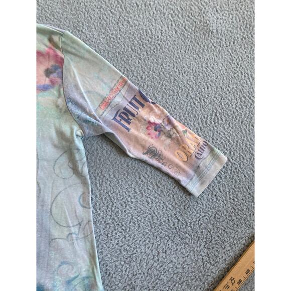 Vintage Fruit Co Top Small Rhinestone California Floral 3/4 Sleeve Shirt Y2K - Picture 7 of 14